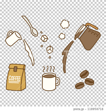 コーヒーのおしゃれな手書き風イラストセット 118958718