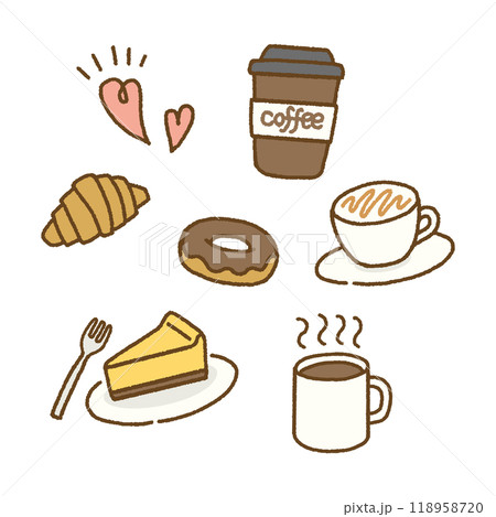 コーヒーとスイーツのかわいい手書き風イラストセット 118958720