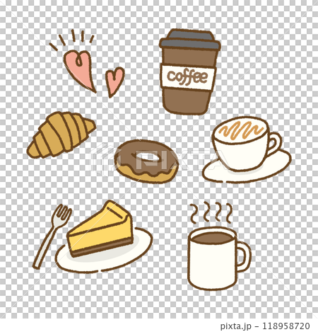 コーヒーとスイーツのかわいい手書き風イラストセット 118958720