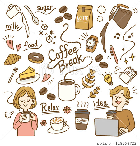 コーヒーブレイクのおしゃれな手書き風イラスト素材セット 118958722