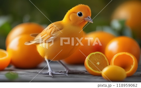 Orange chicks, surrounded by oranges 118959062