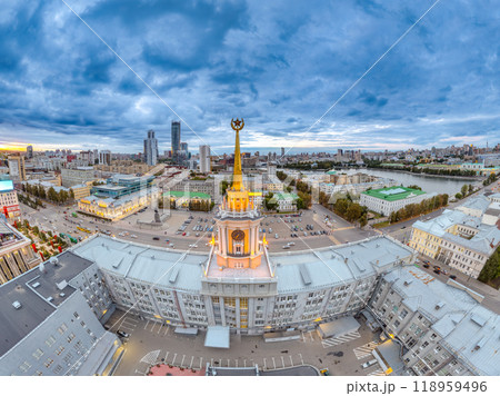 Yekaterinburg City Administration or City Hall and Central square at summer evening. Evening city in the summer sunset, Aerial View. 118959496