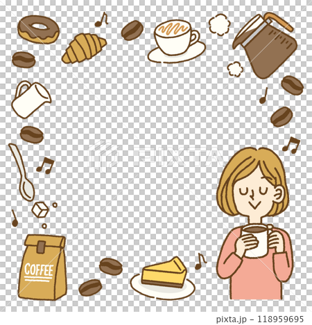 喝咖啡休息放鬆女人圖示可愛的框架方形 喝咖啡休息放鬆女人圖示可愛的框架方形 118959695