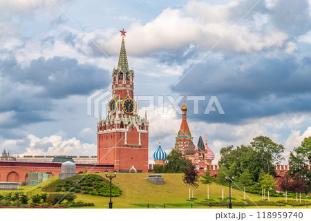 Spasskaya Tower viewed inside Kremlin, Moscow, Russia. 118959740