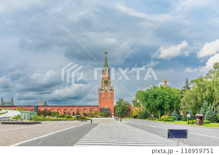 Spasskaya Tower viewed inside Kremlin, Moscow, Russia. Spasskaya Tower viewed inside Kremlin, Moscow, Russia. 118959751