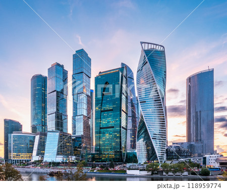 High buildings of Moscow-City at Moskva River at summer sunset, Russia. High buildings of Moscow-City at Moskva River at summer sunset, Russia. 118959774