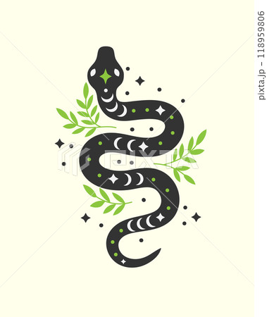 Mystical black snake silhouette with Floral illustration 118959806