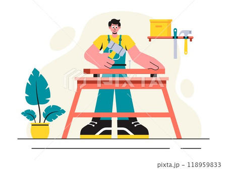 Woodworking Vector Illustration featuring Modern Craftsmen and Workers Producing Furniture Using Tools in a Flat Cartoon Style Background Woodworking Vector Illustration featuring Modern Craftsmen and Workers Producing Furniture Using Tools in a Flat Cartoon Style Background 118959833
