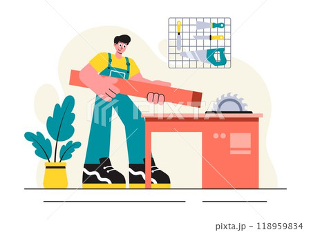 Woodworking Vector Illustration featuring Modern Craftsmen and Workers Producing Furniture Using Tools in a Flat Cartoon Style Background Woodworking Vector Illustration featuring Modern Craftsmen and Workers Producing Furniture Using Tools in a Flat Cartoon Style Background 118959834