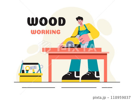Woodworking Vector Illustration featuring Modern Craftsmen and Workers Producing Furniture Using Tools in a Flat Cartoon Style Background Woodworking Vector Illustration featuring Modern Craftsmen and Workers Producing Furniture Using Tools in a Flat Cartoon Style Background 118959837