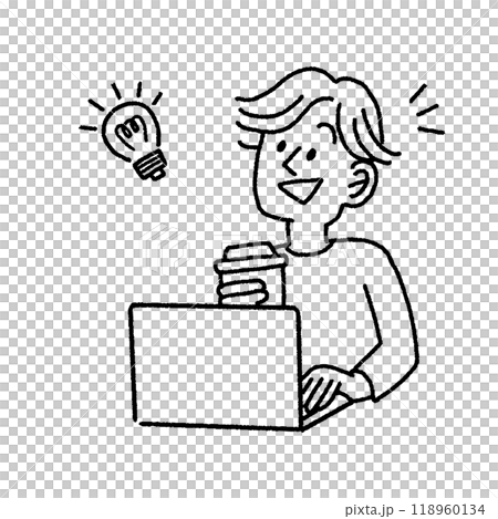 一位商人在工作時喝咖啡後想出一個主意的單色插圖 一位商人在工作時喝咖啡後想出一個主意的單色插圖 118960134