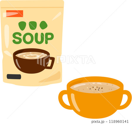 袋入りのレトルトスープとボウルに入ったスープ 袋入りのレトルトスープとボウルに入ったスープ 118960141