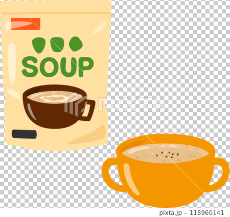 袋入りのレトルトスープとボウルに入ったスープ 袋入りのレトルトスープとボウルに入ったスープ 118960141