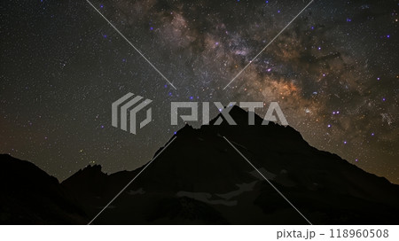 A majestic mountain silhouette stands against a starry Milky Way, casting grandeur over the serene landscape. 118960508
