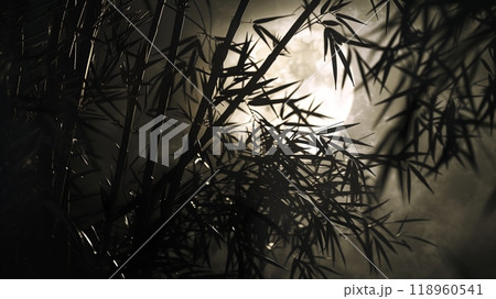 A dense bamboo cluster silhouetted by the full moon casts intricate shadows, creating a serene, haunting beauty. 118960541