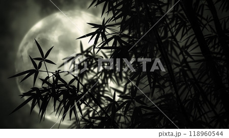 A dense bamboo cluster silhouetted by the full moon casts intricate shadows, adding ethereal beauty. 118960544