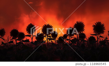Sunflowers' shadowy outlines face the twilight horizon, stark against the evening glow, evoking serene contrast. 118960545