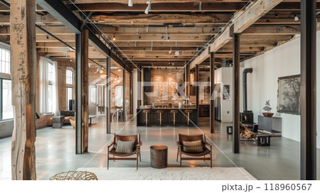 An industrial loft with reclaimed wooden beams, exposed brick, and metal fixtures blends rustic and modern. 118960567