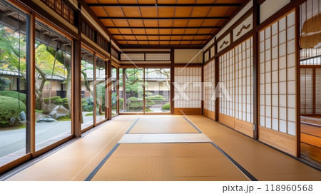 A traditional Japanese tea room features minimalist beams and decor, creating a serene atmosphere for tea. 118960568