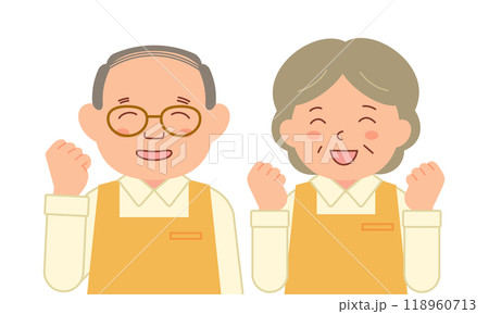 笑顔でガッツポーズをするシニアスタッフ（上半身） 118960713