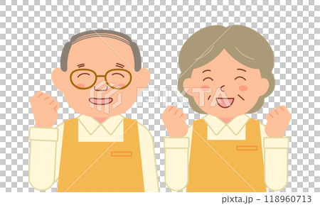 笑顔でガッツポーズをするシニアスタッフ（上半身） 118960713