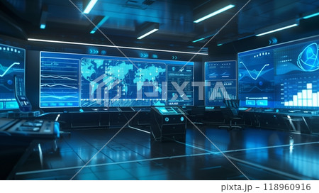 A high-tech control room with holographic displays shows rising interest rates, and analysts watch closely. 118960916