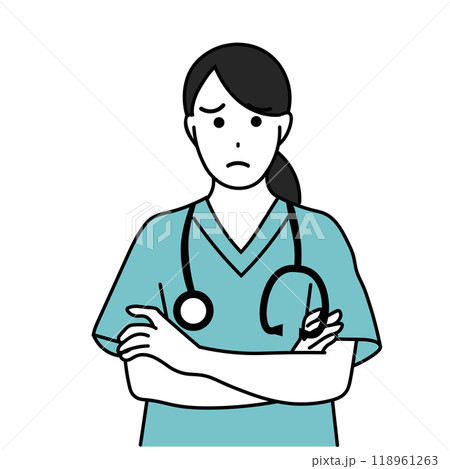 腕を組んで困ったポーズをする女性医療従事者のイラスト 118961263