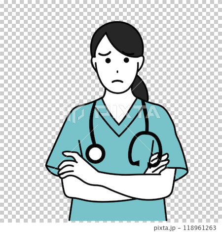 腕を組んで困ったポーズをする女性医療従事者のイラスト 118961263