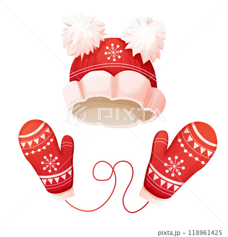 Set red knitted hat and mittens with winter ornament , holiday accessory, winter clothes. Traditional woolen wear with snowflakes.  118961425