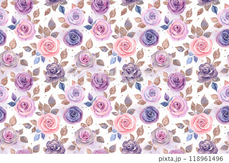 キラキラした紫とピンクのバラのシームレスパターン背景 キラキラした紫とピンクのバラのシームレスパターン背景 118961496