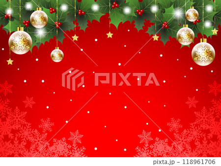 柊とオーナメントのあるクリスマス背景、赤、雪、かわいい、イラスト、横 118961706