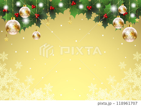 柊とオーナメントのあるクリスマス背景、金色、雪、かわいい、イラスト、横 118961707