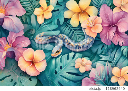 蛇と花の絵。柔らかな色合いの花々に囲まれた蛇のイラストのイラスト