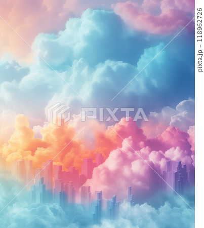 カラフルな雲とビル群のような直方体の背景　AI生成素材 118962726