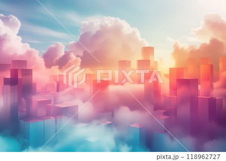 カラフルな雲とビル群のような直方体の背景　AI生成素材 118962727