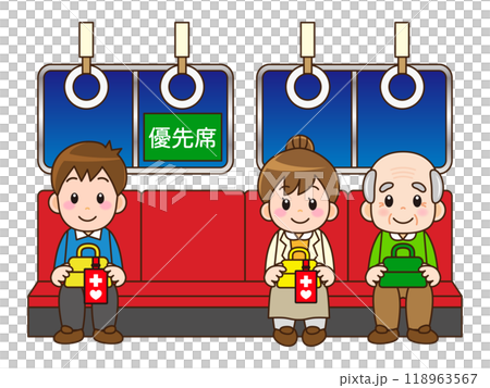 Illustration material of an elderly person sitting in a priority seat on a commuter train at night and a woman and man wearing a help mark Illustration material of an elderly person sitting in a priority seat on a commuter train at night and a woman and man wearing a help mark 118963567