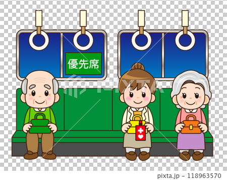 Illustration material of an elderly person sitting in a priority seat on a commuter train at night and a woman wearing a help mark 118963570