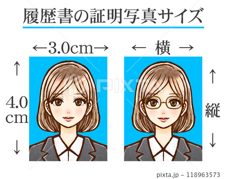 大人女性と履歴書用証明写真のサイズの説明イラスト素材 118963573