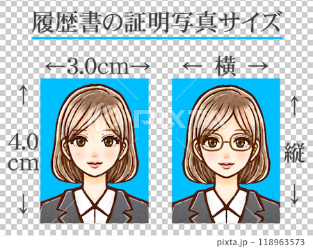 大人女性と履歴書用証明写真のサイズの説明イラスト素材 118963573