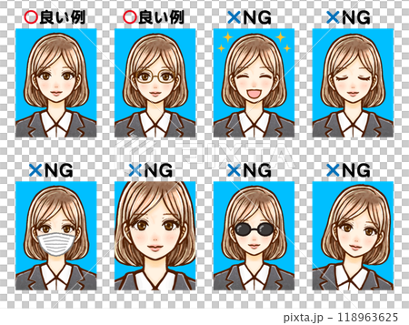 大人OL女性の証明写真の良い例と悪い例のイラスト素材 118963625