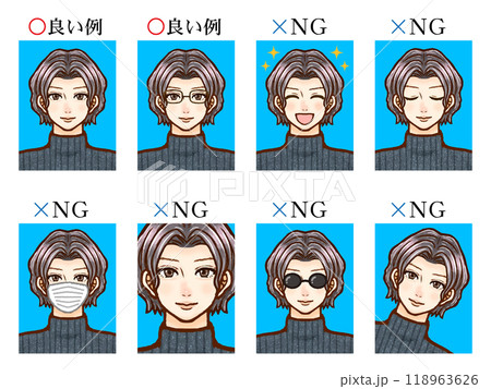 大人男性の証明写真の良い例と悪い例のイラスト素材 118963626