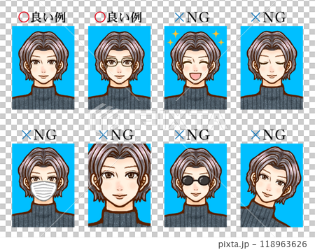 Illustration material of good and bad examples of ID photos for adult men Illustration material of good and bad examples of ID photos for adult men 118963626