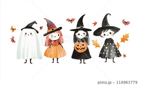 ハロウィンコンセプト おばけと魔女の可愛い水彩イラスト 118963779