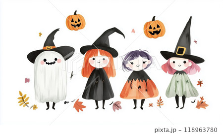 ハロウィンコンセプト おばけと魔女の水彩イラスト 118963780