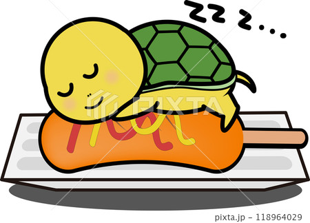 ホットドックと可愛い・ゆるい亀のキャラクターイラスト 118964029
