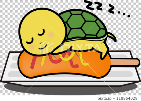ホットドックと可愛い・ゆるい亀のキャラクターイラスト 118964029