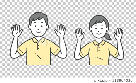 男性和女性護理人員舉起雙手做萬歲的上半身插圖 118964030