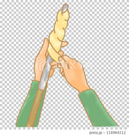 Hands wrapping bread dough around a bread stick - hand-drawn illustration Hands wrapping bread dough around a bread stick - hand-drawn illustration 118964212