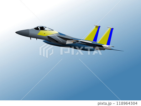 Modern fighter jet aircraft flying in blue sky 118964304