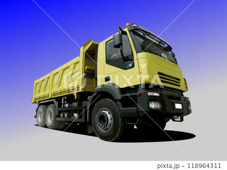 Powerful yellow tipper truck standing under blue sky 118964311